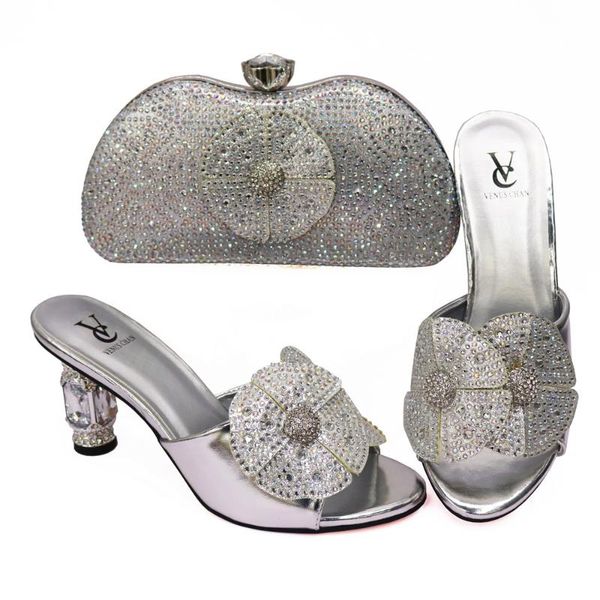 

dress shoes 2021 fashion italian women matching bag set decorated with rhinestone african ladies comfortable heels sandals for party, Black