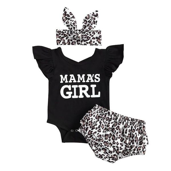 

infant newborn baby girls summer outfits, ruffle sleeve letter print romper + leopard bloomers + headband 0-18m, White