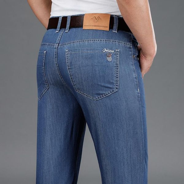 

men's jeans business casual pants straight lightweight cotton for men 2021 spring summer trousers denim classic, Blue