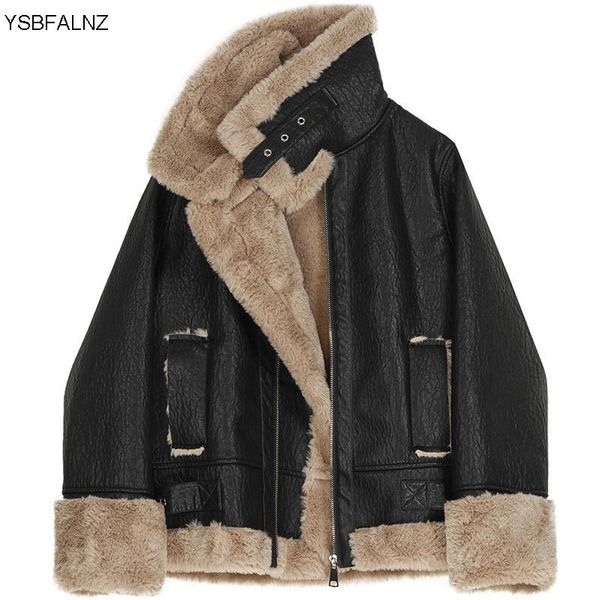

women's leather & faux fashion fur coat women jacket autumn winter warm plush thick outerwear ladies wool collar zipper basic jackets, Black