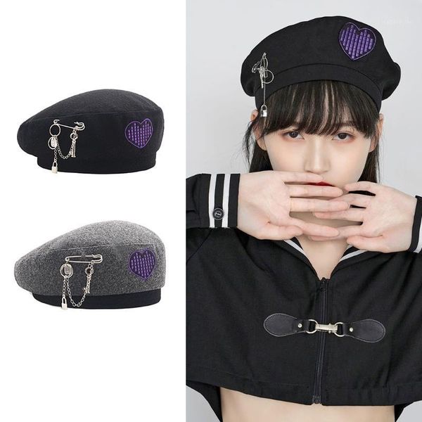 

berets beret hats woolen made color optional cap with embroidered heart decoration for girls students in japanese style, Blue;gray