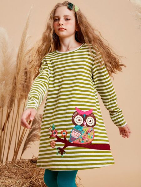 

girls striped print owl embroidery dress she, Red;yellow