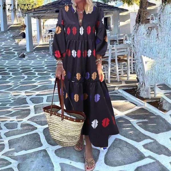 

casual dresses women's a word robe femme plus size autumn long zanzea bohemian floral printed vestidos o neck ruffle dress s-5xl, Black;gray