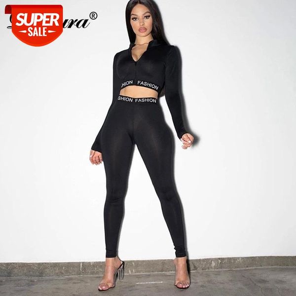 

dulzura letter print women 2 piece set gym crop zipper long sleeve leggings bodycon streetwear workout sporty tracksuit #gr3w, White