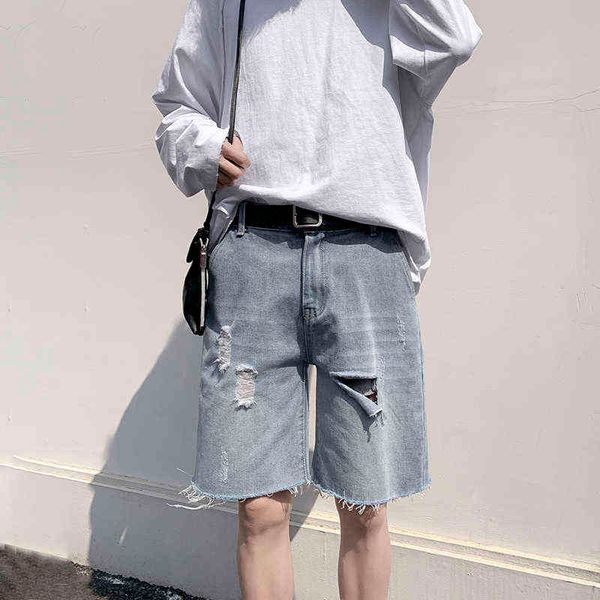 

2021 new summer jeans shorts mens fashion ripped hole denim short jean male half length streetwear casual trousers black/blue g1209, White;black