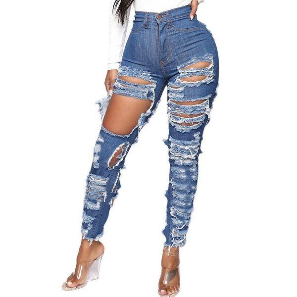 

women's jeans women hand cut washed high waist loose casual fringed denim trousers, Blue