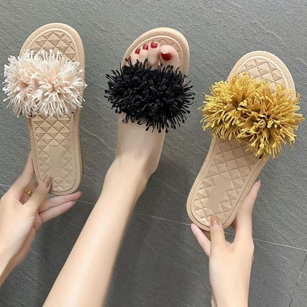 

slippers flowers women flat flip flop summer casual beach shoes suede lady home sweet flats floor shoe, Black