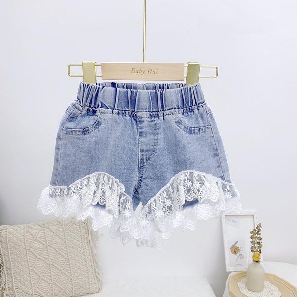 

shorts girls denim 2021 summer children's korean lace stitching pants baby sets fashion, Black
