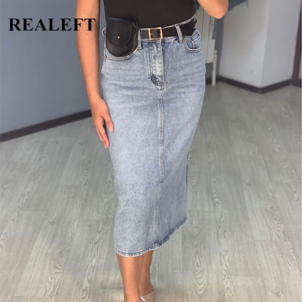 REALEFT Neue Sommer Lange Denim Rock Frauen Vintage Hohe Wasit Jeans Rock mit Gürtel Gerade A-linie Bleistift Rock Weibliche 210303