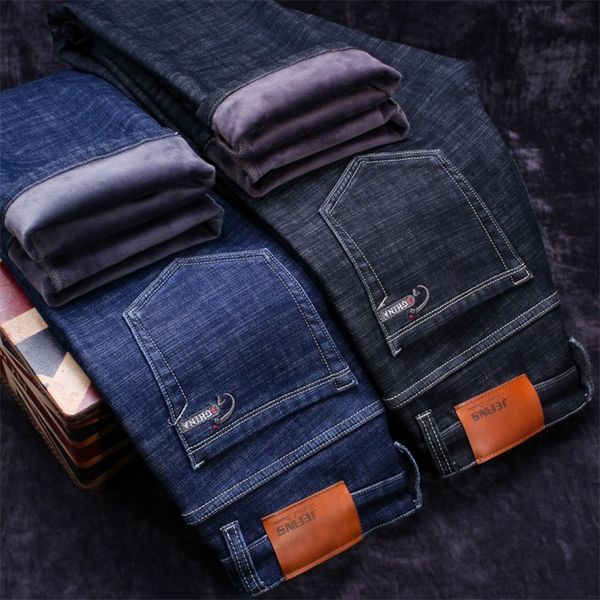 

winter new men's warm black jeans elasticity slim fit thicken denim pants brand trousers male bule big size 38 40 42 210317, Blue