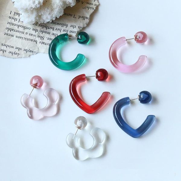 

hoop & huggie 2pcs/1pair retro candy color transparent resin cute flower heart earrings for eoman trendy jewelry gift korean, Golden;silver