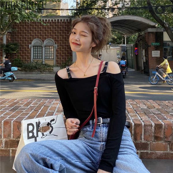 

werueruyu summer women black casual t shirt off shoulder backless 210608, White