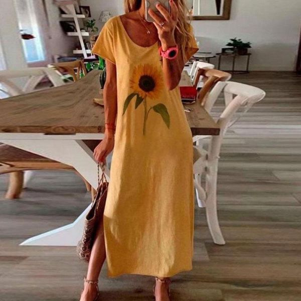 

casual dresses 5xl women sunflower print pencil dress 2021 ladies side slit beach long shirt summer loose oversized sundress, Black;gray