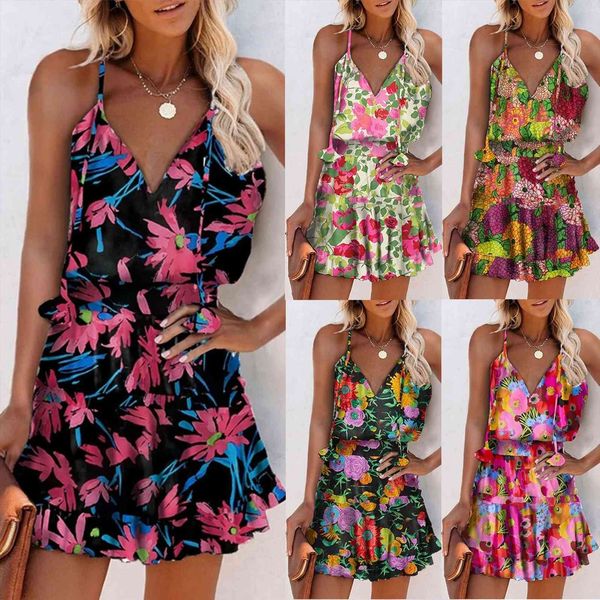 

bohemian summer holiday floral leaves women dresses print v neck mini female spaghetti strap beachwear ruffle backless, Black;gray