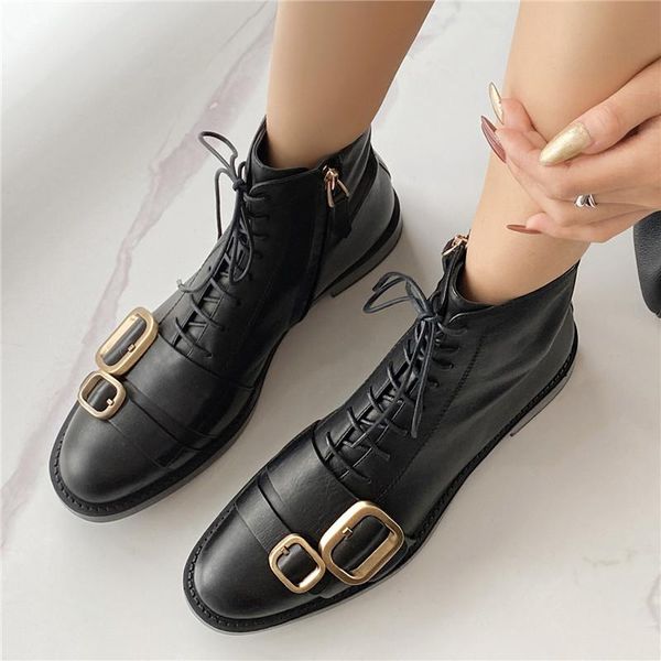

boots handmade genuine leather women cross tied short round toe metal decor buckle straps all match fashion ankle, Black