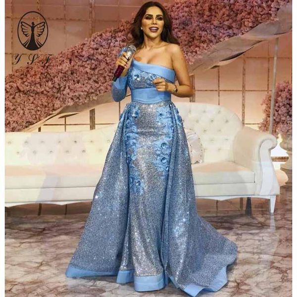 

party dresses arabian design blue one shoulder appliqued 3d flowers sequin lace mermaid prom with overskirt 2021, White;black