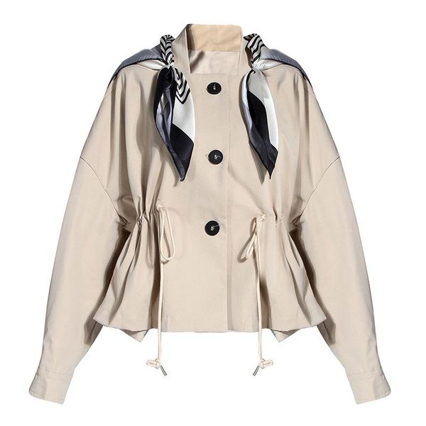

women's jackets short drawstring waist with silk scarf baseball collar windbreaker jacket female 2021 autumn korean loose casual fashio, Black;brown