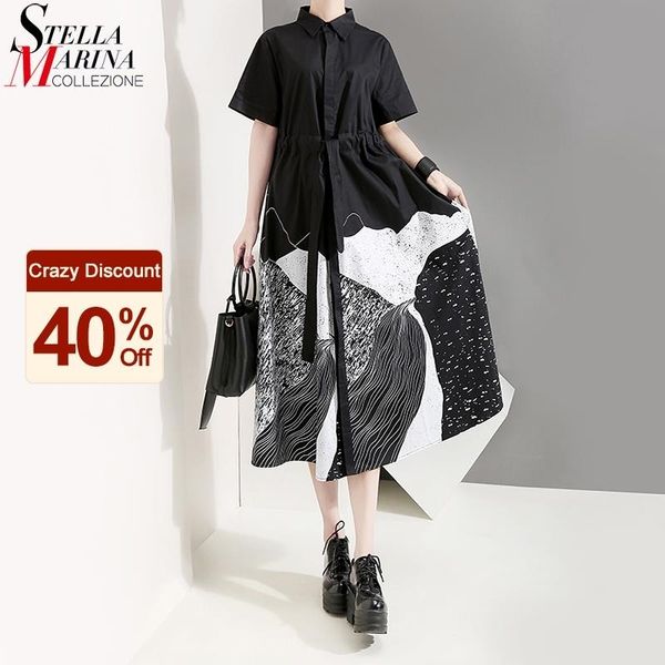 

new korean style women summer black painting long shirt dress sash printed plus size midi ladies casual vintage dress robe 5128 210303, Black;gray