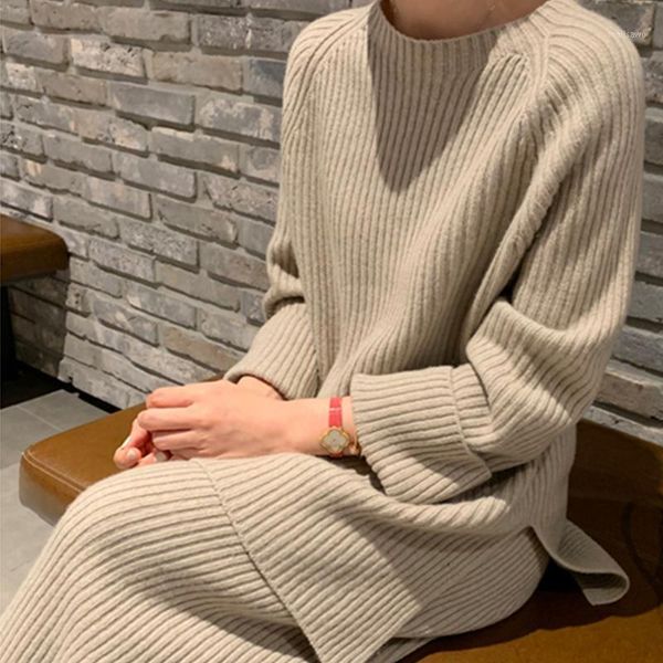 

women's two piece pants 2021 fashion winter thicken warm knitted pullover sweater two-piece suits +high waist loose wide leg set, White