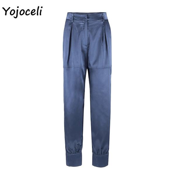 

women's pants & capris yojoceli spring pockets waist satin women ankle length female trousers bottoms casual streetwear, Black;white