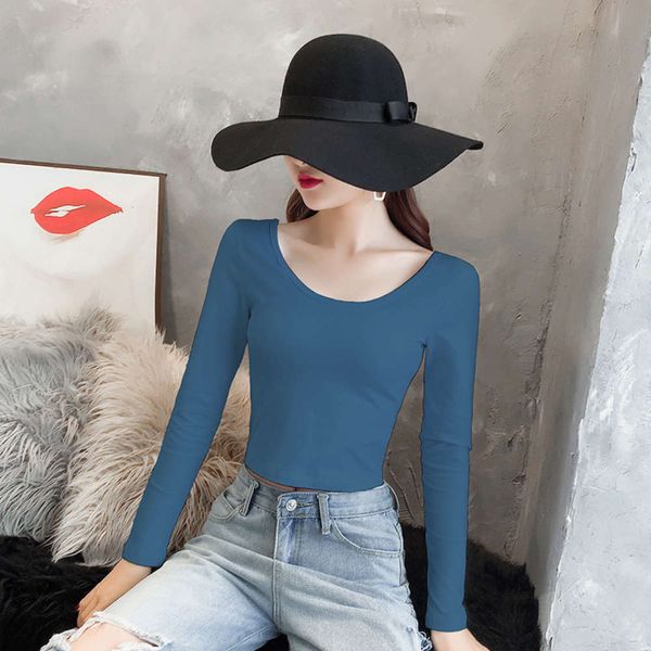 

haze blue low neck bottom shirt women's long sleeve large neckline high waist short u-neck t-shirt with close fitting navel top, White