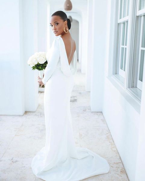 

beach mermaid wedding dresses bridal gowns scoop neck long sleeves open back sweep train arabic boho vestidos de noiva african black brides, White