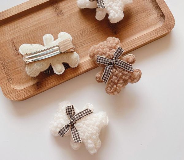

baby girl hair clips jewelry accessories fluffy bear bows barrettes hairpin decorating braids for toddler kids children white brown, Slivery;white