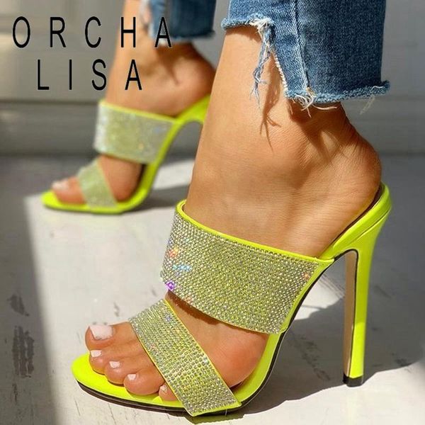 

sandals orchalisa ladies 2021 open toe .7cm high thin heels bling crystal slip-on big size 36-41 casual summer c2272, Black