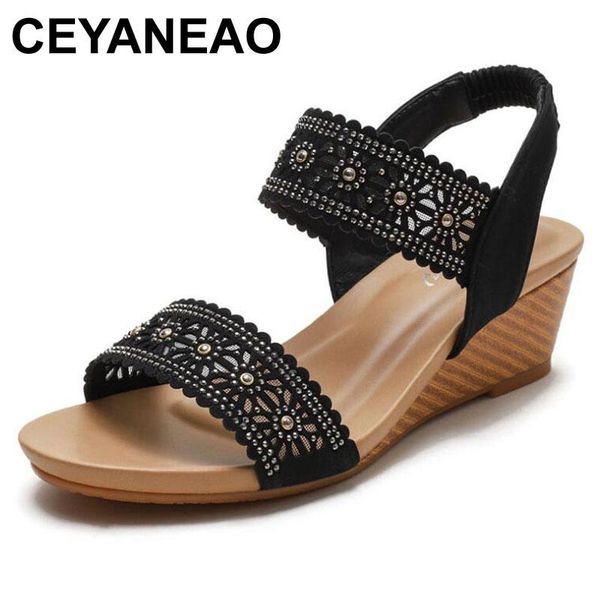 

ceyaneao new 2021 ladies sandals open toe 5cm wedge heels bohemian exotic soft comfort stylish rivets plus size 36-42, Black