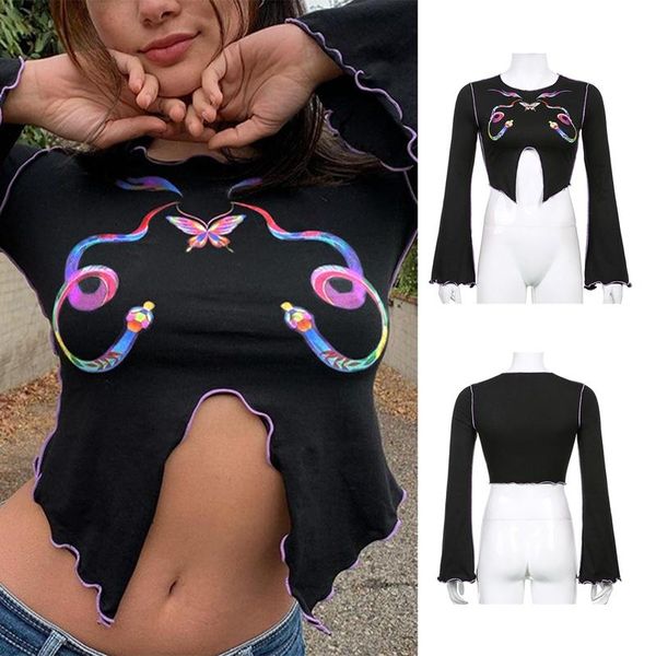 

women's t-shirt goth butterfly print ruffle crop girl slit hem flare sleeve black vintage outfits punk, White
