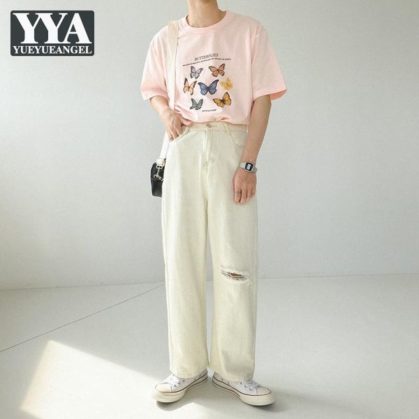 

fashion hole ripped white jeans mens loose straight denim pants hip hop high waist trousers streetwear casual black men jeans, Blue