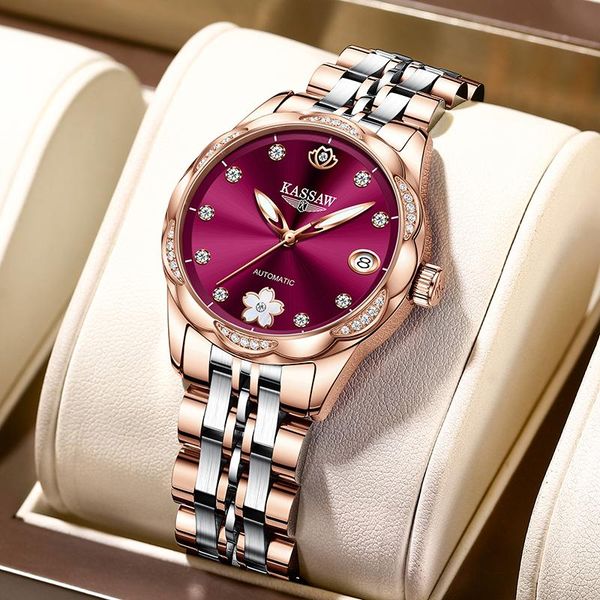 

wristwatches kassaw luxury women wristwatch automatic mechanical watch sapphire stianless steel strap bracelet lady watches, Slivery;brown