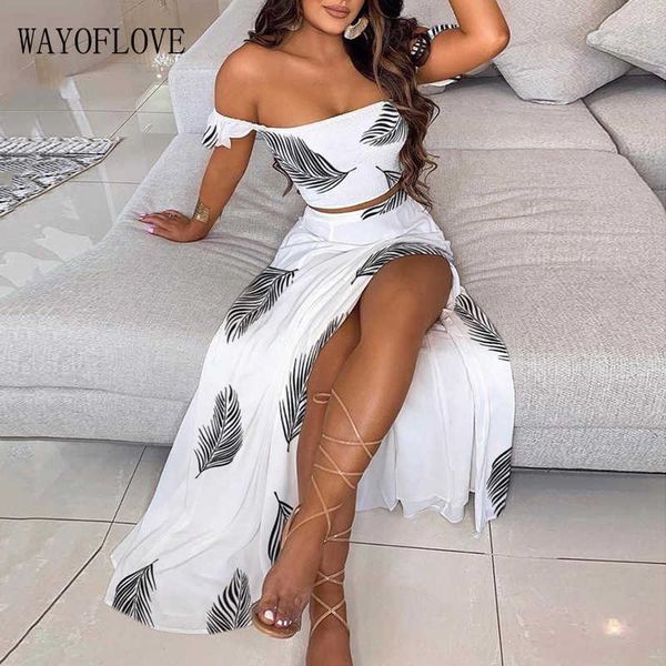 WayoFlove перо печатает белое платье наборы вечеринка элегантное длинное платье наборы женщин с плеч и юбка костюма сексуальные два частя набор 210602