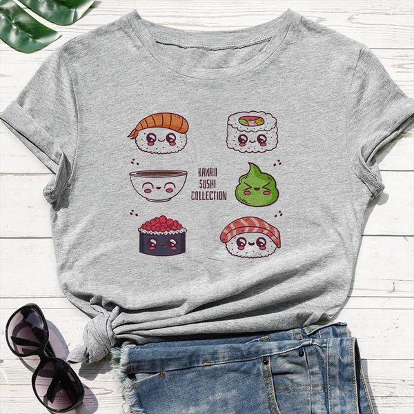 

durable white womens grey cute cartoons sushi printing fun t punk loose o neck oversize pop
