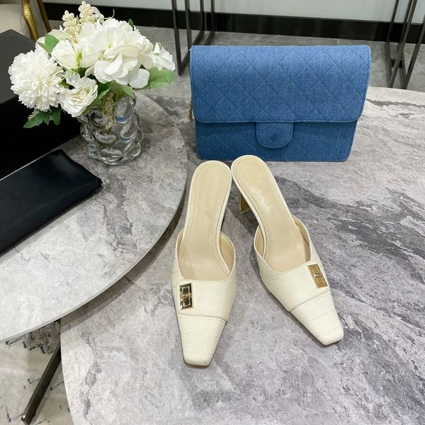 

brand classic plaid cloth high-heel slippers women square heel shoes fashion elegant ladies graceful party work shoe, Black