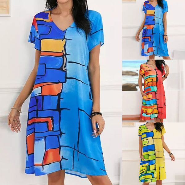 

women dress plus size 5xl fashion aachoae vintage prinred short sleeve v-neck colorful with pocket casual knee length dress, Black;gray