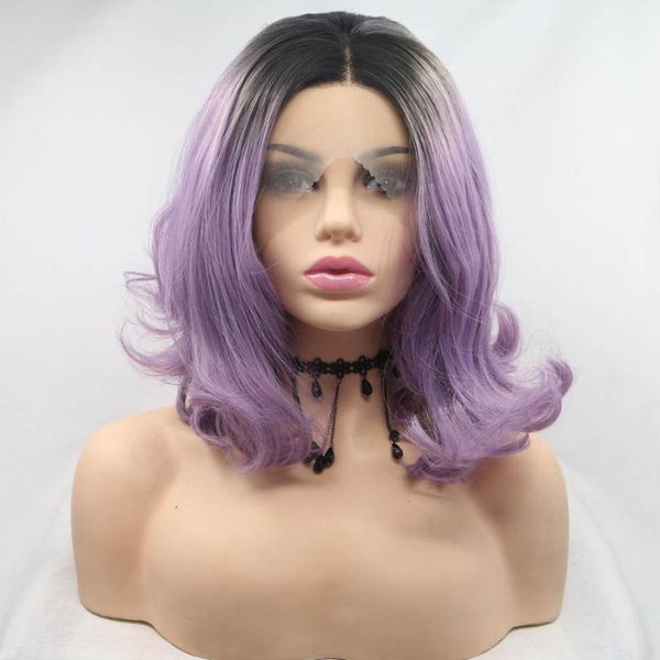 

synthetic wigs purple omber short wavy hair lace front dark roots natural hairline daily cosplay frontal wig for women girl, Black
