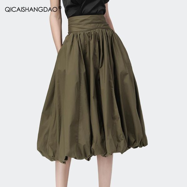 

100% cotton army green pleated skirts fashion spring summer women new loose elastic waist a-line casual long ball gown skirts, Black
