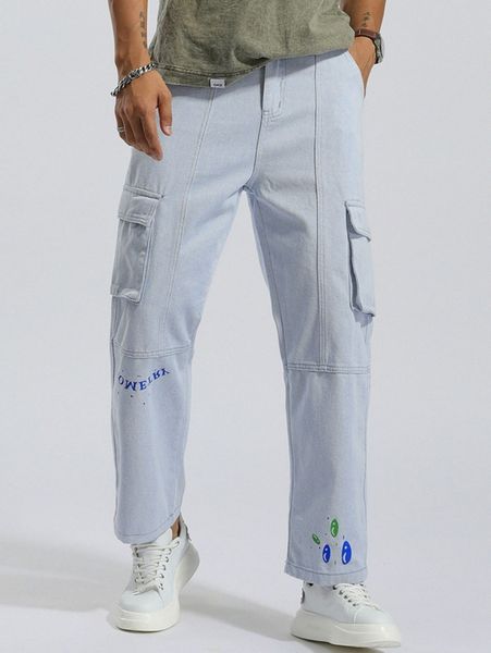 

men letter graphic flap pocket cargo jeans j6s9#, Blue