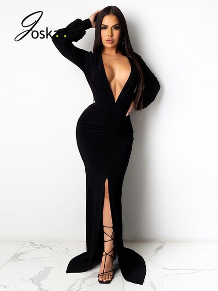 

casual dresses joskaa women high split party maxi dress deep v-neck ruched mermaid floor length autumn 2021 elegant night club outfit, Black;gray