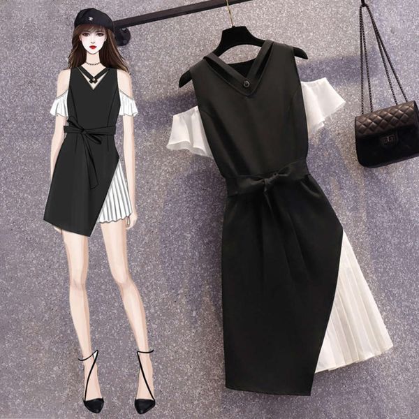 

large size women's 2021 summer new fat mm french platycodon grandiflorum show thin cover belly age reducing design smart dress, Black;gray