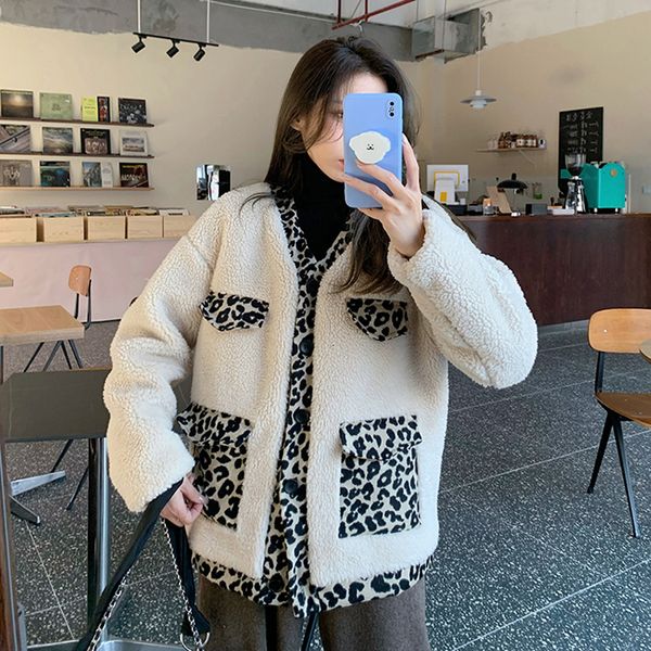 

2021 autumn winter new leopard print stitching coat single-breasted v-neck fleece jacket fashionable and warm e0mv, Black;brown