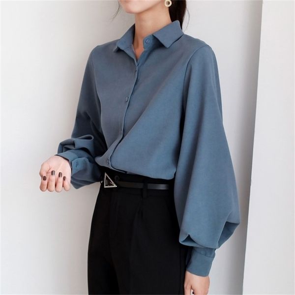 

women blouse vintage turn-down collar spring autumn lantern sleeve women shirts white long sleeve shirt black ladies tunic 210225