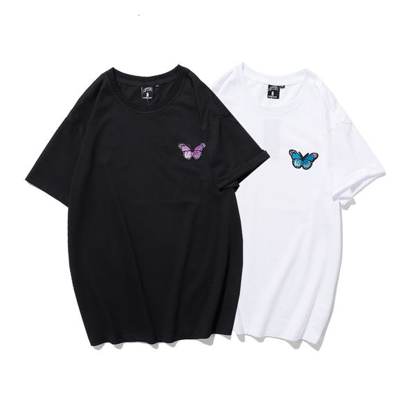 

t shirt 2021 summer lovers butterfly embroidery label short sleeve men's korean casual versatile half, White;black