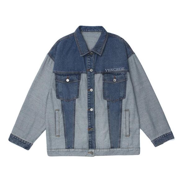 

men's jackets splicing denim jacket men with patchs letters printed and coats autumn spring distressed jeans 2021, Black;brown