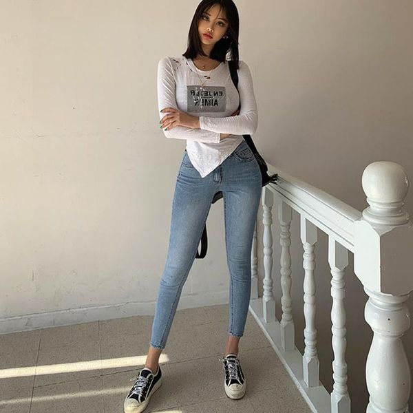 

women's jeans denim for women high waist ripped holes female pants 2021 streetwear stretchable blue trousers