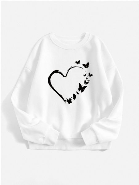 

heart & butterfly print thermal pullover 12qz#, White;black