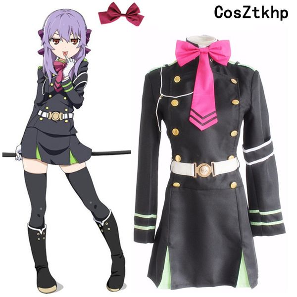 

theme costume anime seraph of the end owari no seraph hiiragi shinoa cosplay costumes full sets (dress+belt+necktie+armband+string+headwear), Black;red