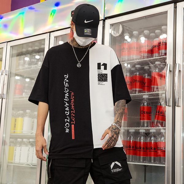 

black and white contrast color stitching printing men's short-sleeved tide brand round neck kg-357, White;black