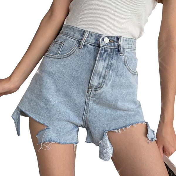 

women's shorts 2021 summer personality irregular tassel sequins fashion denim women hole high waist short feminino plus size mujer, White;black